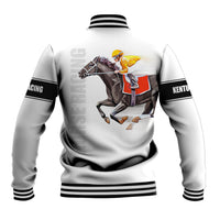 White baseball jacket with black striped hem and sleeves, horse jockey back graphic