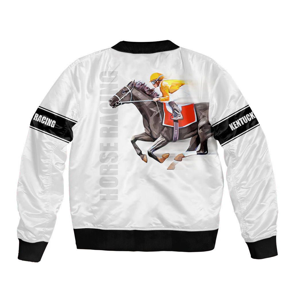 White bomber jacket back with black rib hem, horse riding graphic and vertical race text
