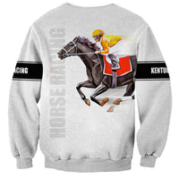 Light gray crewneck sweatshirt with jockey-horse graphic on back and vertical 'Horse Racing' text