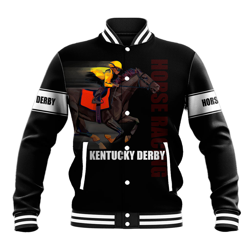 Black baseball jacket with striped collar, button front, and Kentucky Derby horse graphic