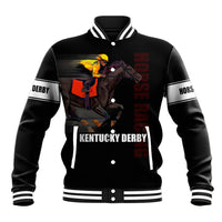 Black baseball jacket with striped collar, button front, and Kentucky Derby horse graphic