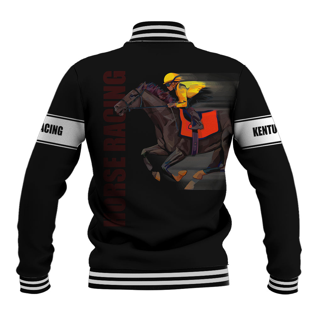 Black baseball jacket back with striped ribbed hem, and large Kentucky Derby horse graphic