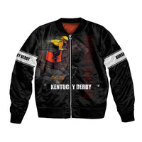 Black bomber jacket with ribbed collar, full-zip front, and horse race graphic