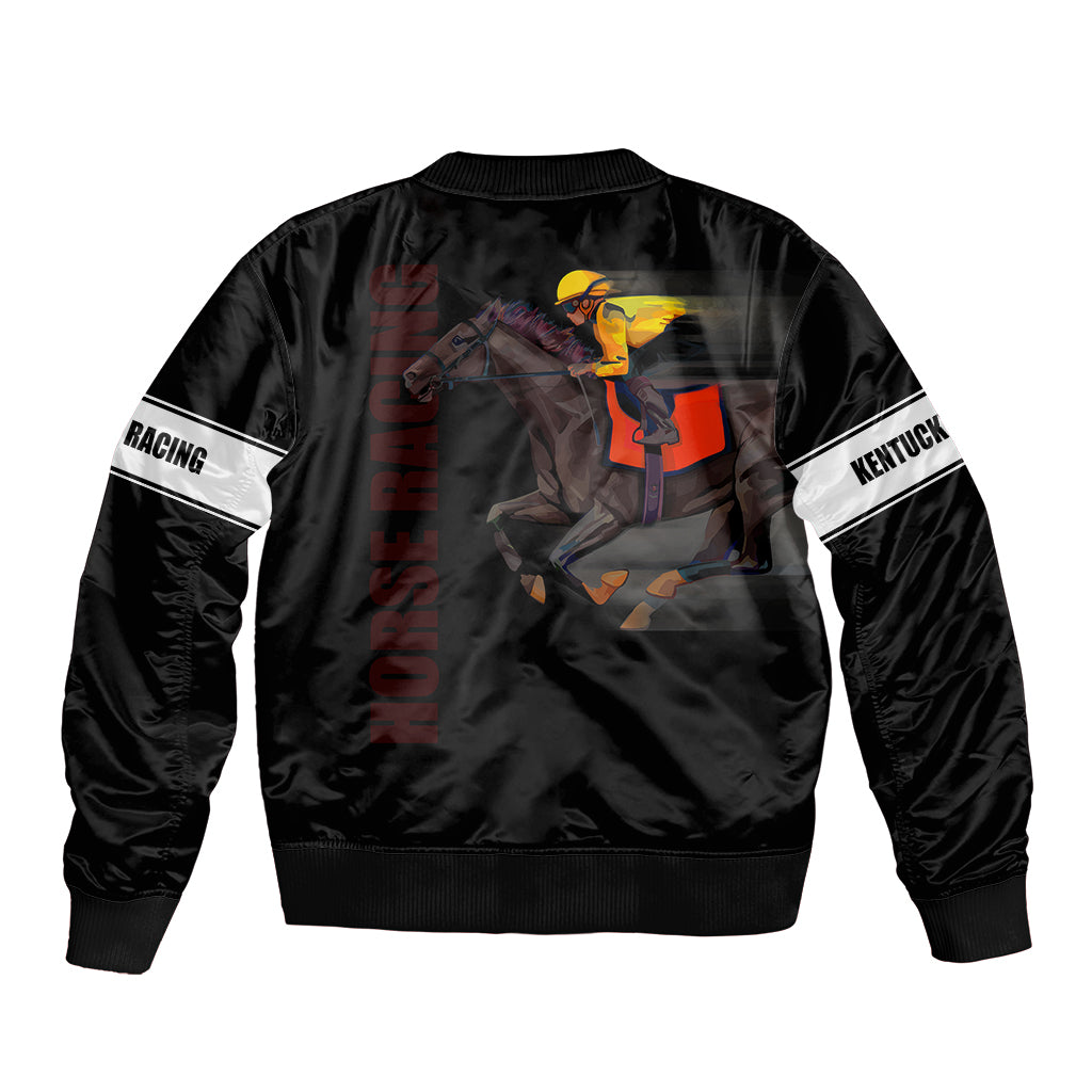 Black bomber jacket, ribbed hem and cuffs, with horse race graphic on back