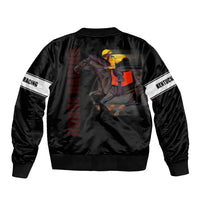 Black bomber jacket, ribbed hem and cuffs, with horse race graphic on back