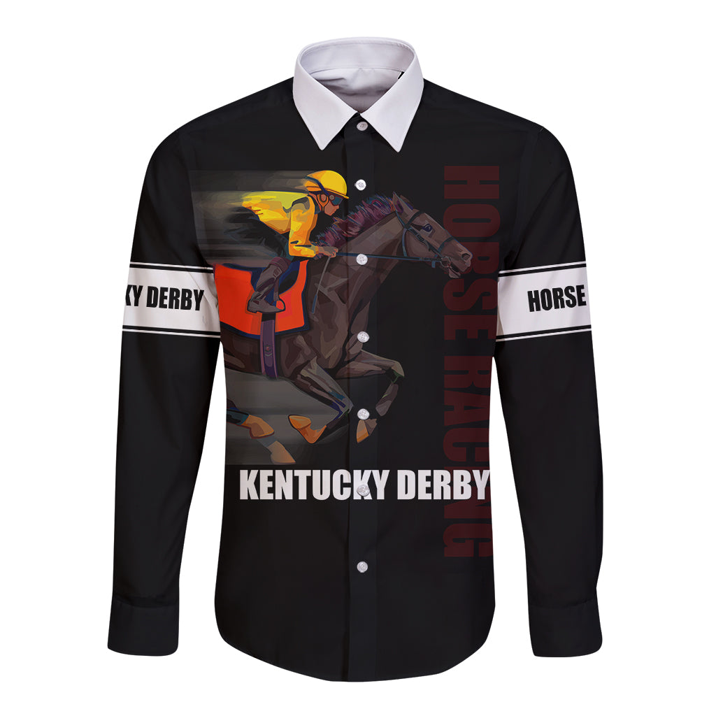 Black long-sleeve button-up shirt with horse racing graphic and striped sleeve cuffs