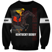 Black crewneck sweatshirt with Kentucky Derby horse graphic and front lettering