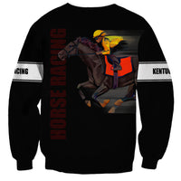 Black crewneck sweatshirt with Kentucky Derby horse graphic and rear vertical lettering