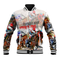 Unisex baseball jacket with horse racing graphic, light gray, black ribbed collar and cuffs