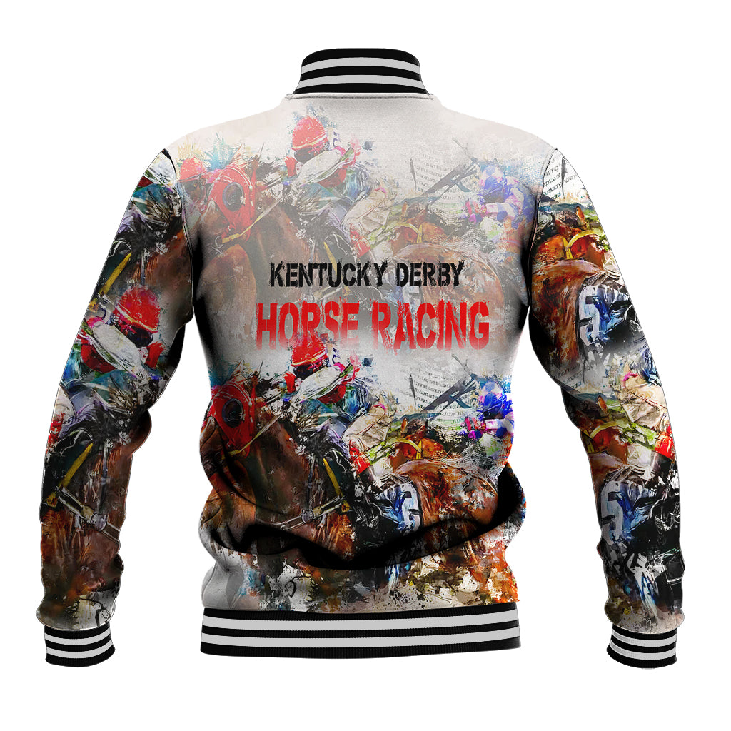 Unisex baseball jacket, back print horse racing text, light gray with black ribbing