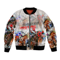 Unisex bomber jacket with black ribbed collar, front zip, and colorful horse-racing graphic