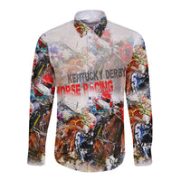Long-sleeve button shirt with colorful horse racing graphic on white