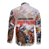 Long-sleeve button shirt, back shows Kentucky Derby horse racing graphic on white