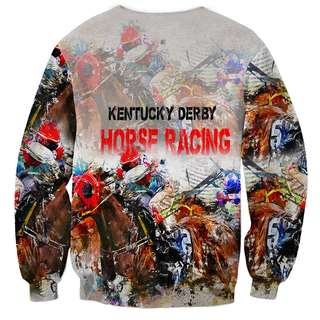 Unisex light gray sweatshirt with central horse racing text and illustrated horses.