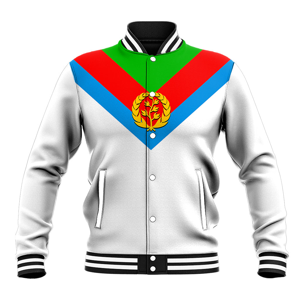 White baseball jacket with green, red, blue diagonal yoke and crest; ribbed cuffs and hem