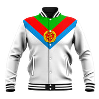 White baseball jacket with green, red, blue diagonal yoke and crest; ribbed cuffs and hem