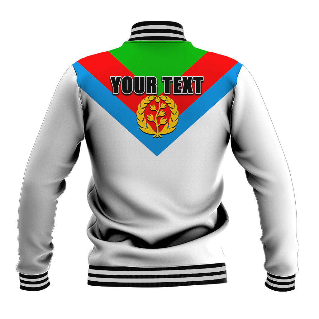 White baseball jacket back with crest emblem and 'YOUR TEXT'; ribbed waistband and cuffs