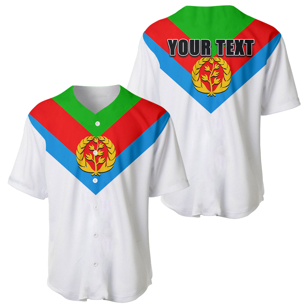 White baseball jersey with green collar, red/blue chevron and gold laurel crest logo