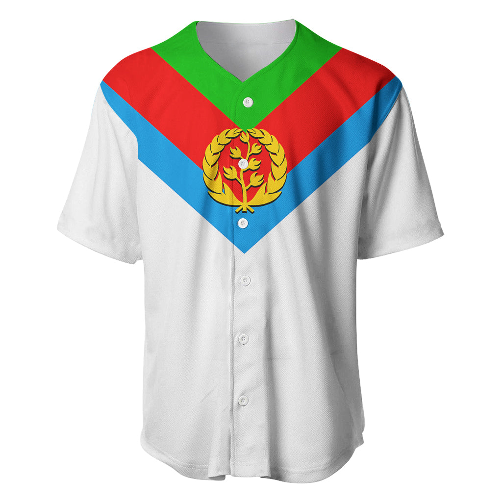 White baseball jersey front with green collar, red/blue chevron and gold crest emblem