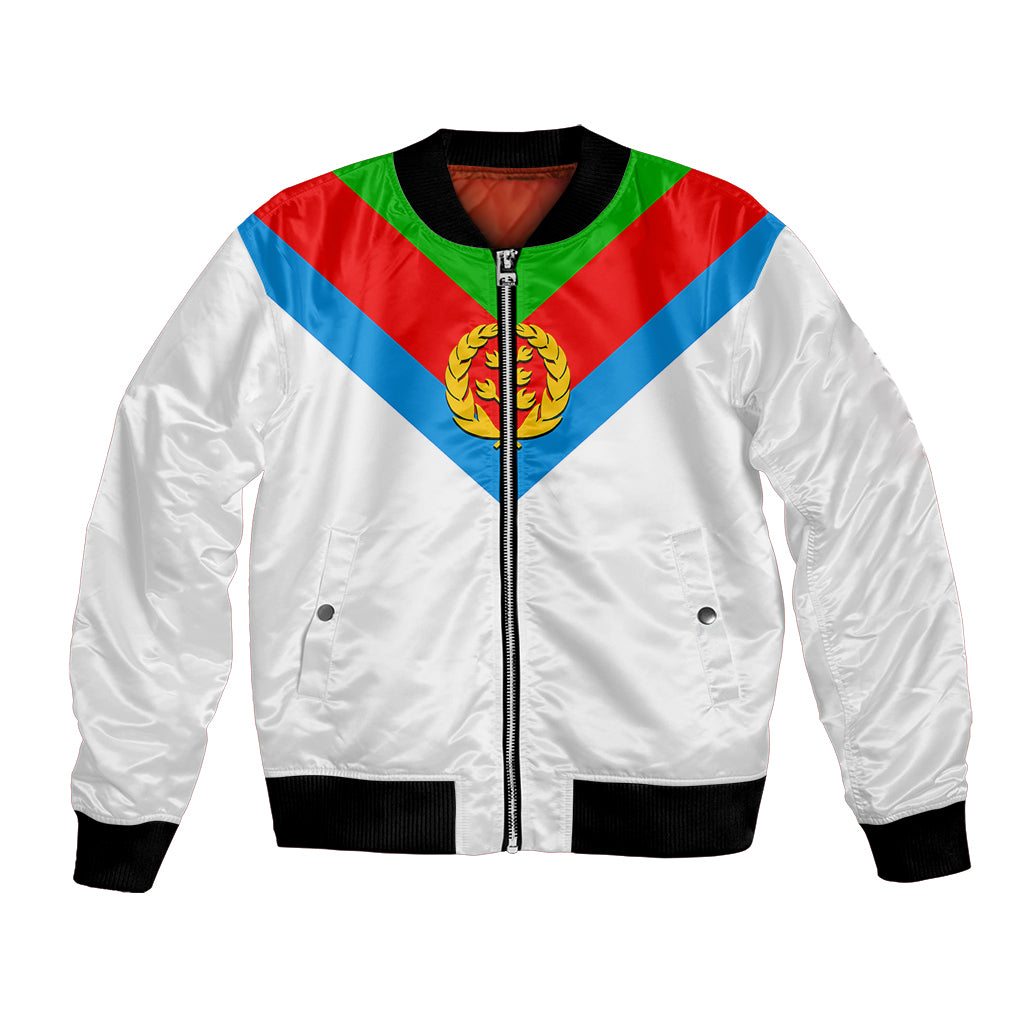 White bomber jacket with black ribbed trim, front zip, and diagonal red/blue/green stripes