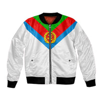 White bomber jacket with black ribbed trim, front zip, and diagonal red/blue/green stripes
