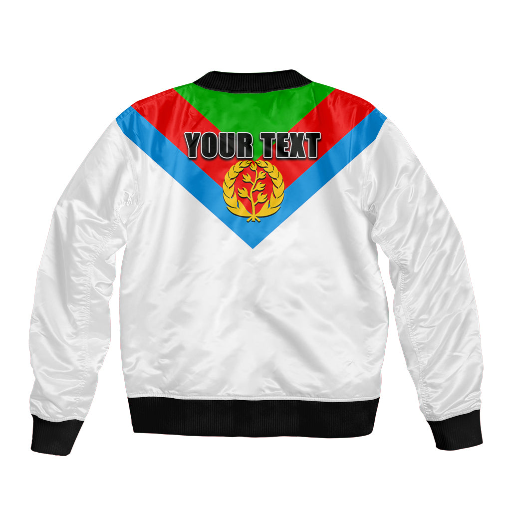 White bomber jacket with black ribbed cuffs and back print with 'YOUR TEXT' and crest
