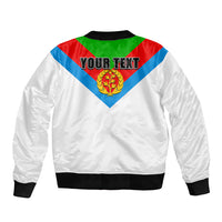 White bomber jacket with black ribbed cuffs and back print with 'YOUR TEXT' and crest