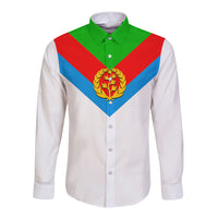 White long sleeve button shirt with green collar and Eritrea-style emblem