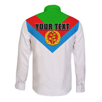 White long sleeve button shirt back print with “YOUR TEXT” and emblem