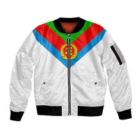 Bomber jacket in white with front zip, multicolor chevron, and yellow crest patch