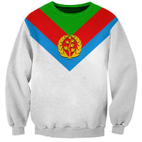 Unisex white sweatshirt with tricolor V chevron and gold crest emblem on the front