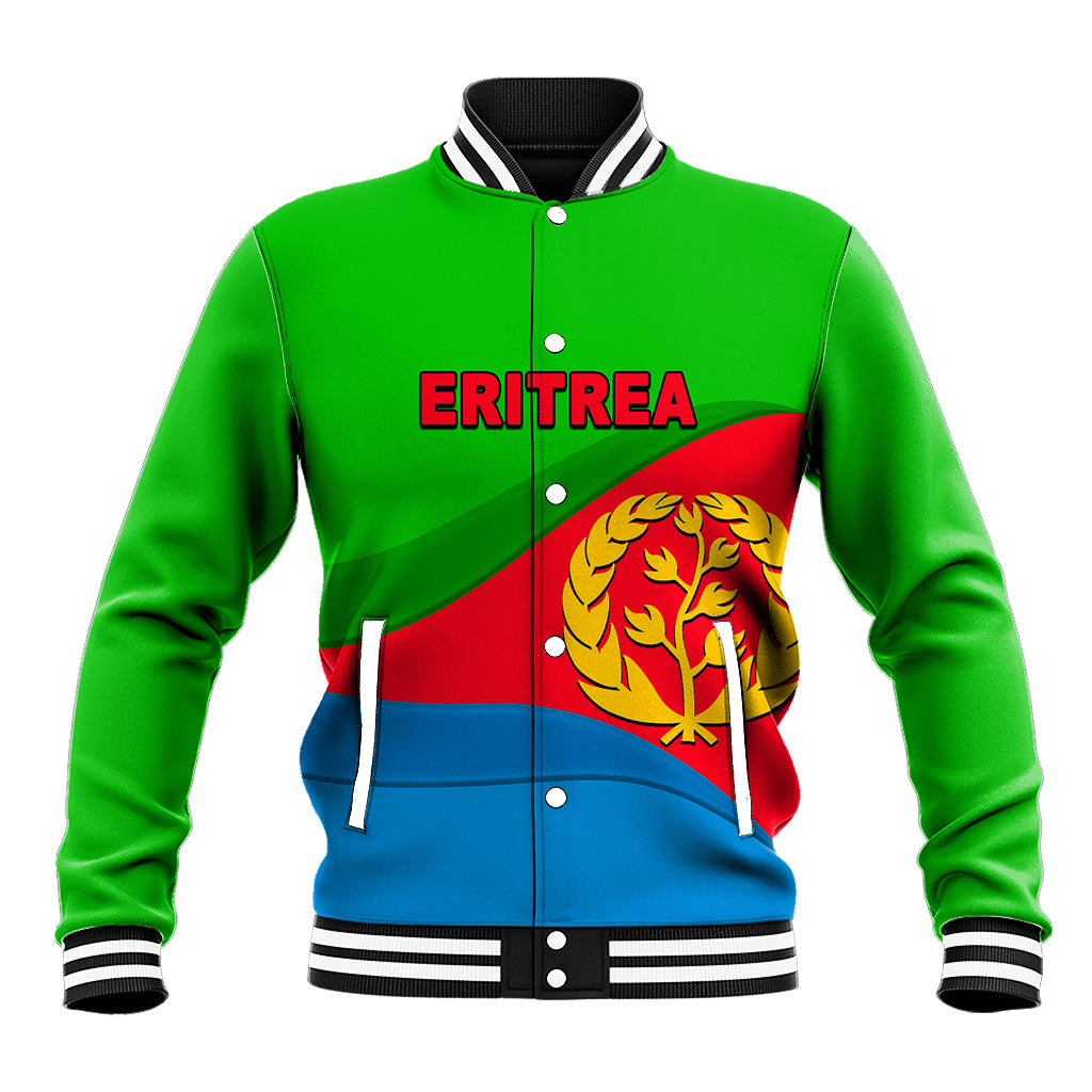 Green baseball jacket with striped collar, snap front, Eritrea flag graphic