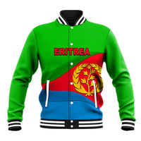Green baseball jacket with striped collar, snap front, Eritrea flag graphic