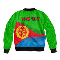 Unisex green bomber jacket with back Eritrea flag graphic and red “YOUR TEXT” lettering
