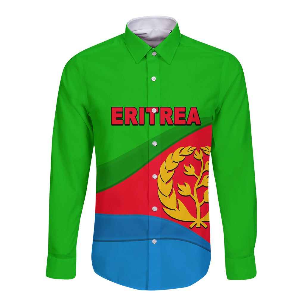 Green long-sleeve button shirt with Eritrea flag graphic and ERITREA text on front