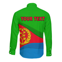Green long-sleeve button shirt with back flag graphic and YOUR TEXT near collar