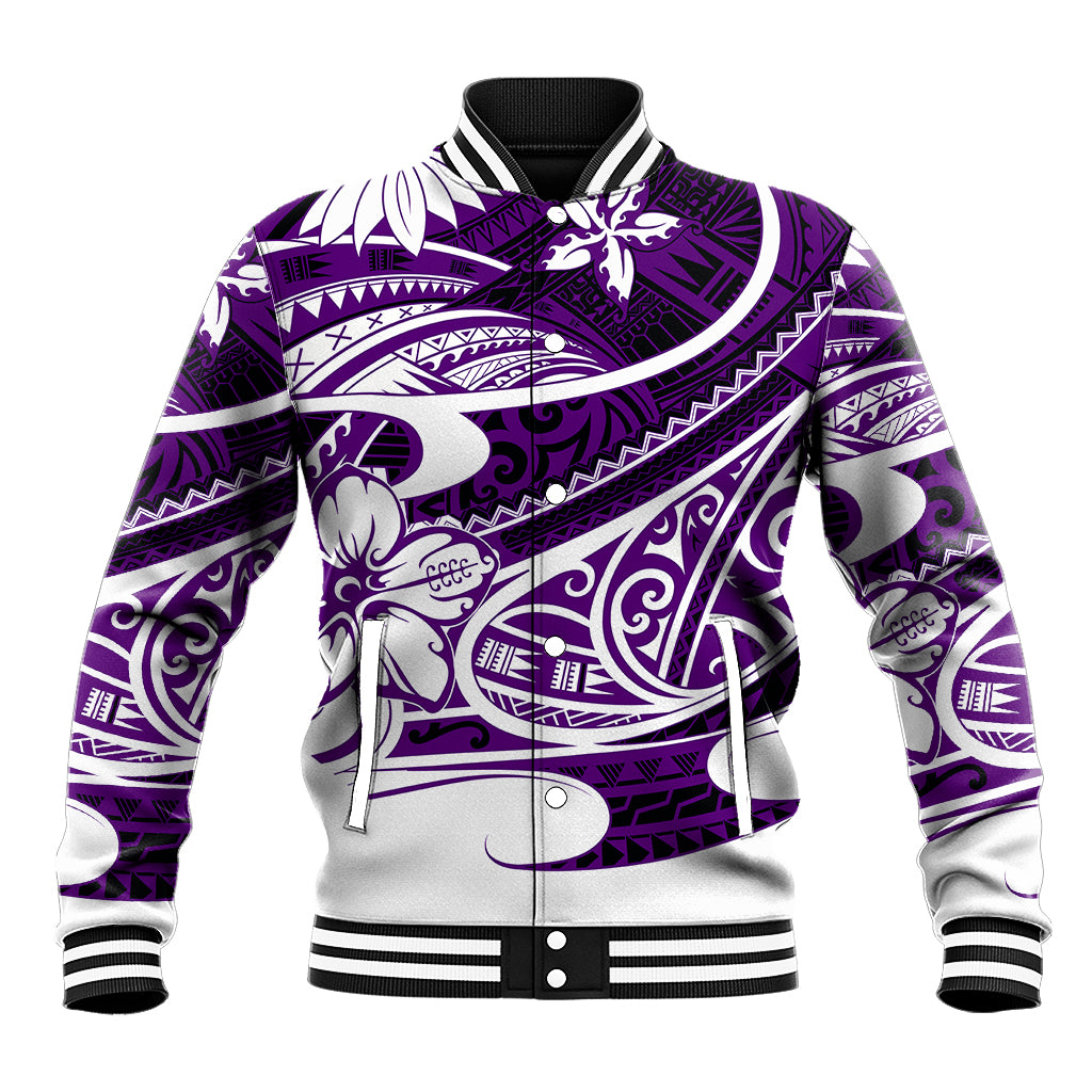 Purple baseball jacket with black collar, button front, white tribal print.