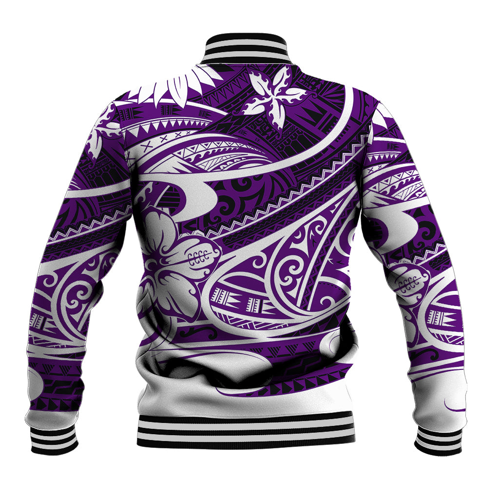 Purple baseball jacket with black neck, ribbed hem and cuffs, white tribal back print.