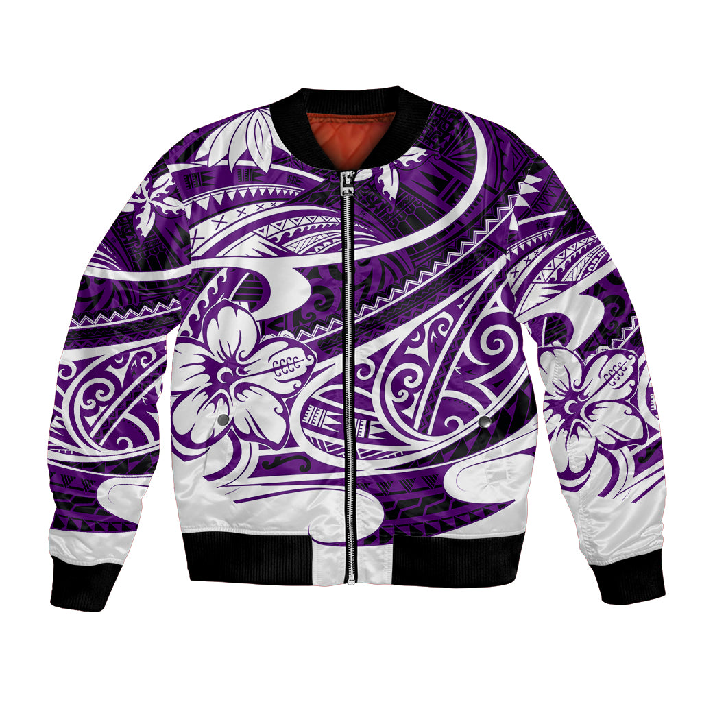 Purple bomber jacket with white Polynesian tribal print and front zipper, long sleeves.