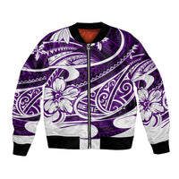 Purple bomber jacket with white Polynesian tribal print and front zipper, long sleeves.