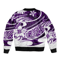 Purple bomber jacket with white Polynesian tribal print, rear view, ribbed hem and cuffs.