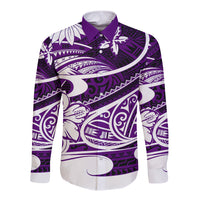 Purple long-sleeve button shirt with Polynesian tribal print, pointed collar
