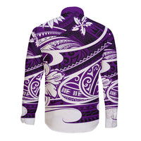 Purple long-sleeve button shirt with Polynesian tribal print on back panel
