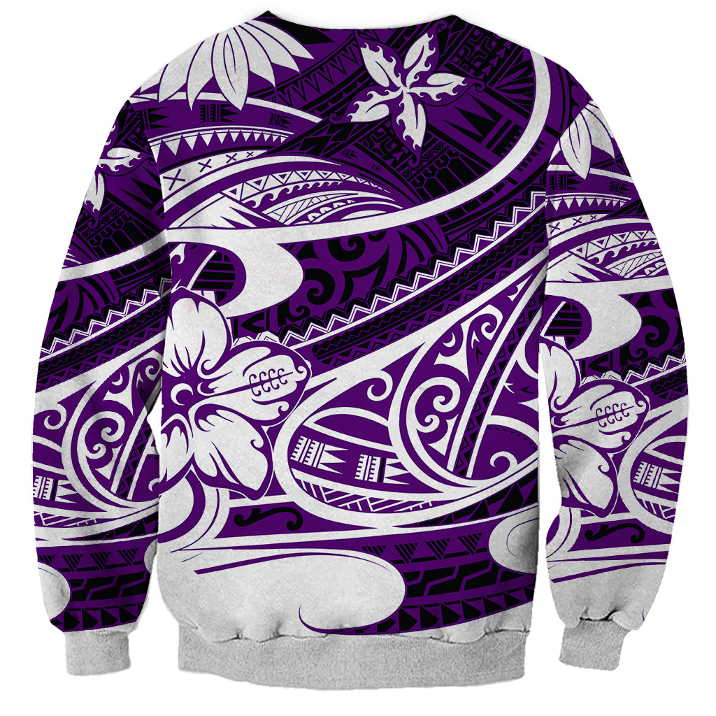 Long-sleeve sweatshirt, purple base with large white Polynesian-style tribal motifs