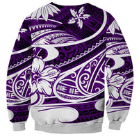 Long-sleeve sweatshirt, purple base with large white Polynesian-style tribal motifs