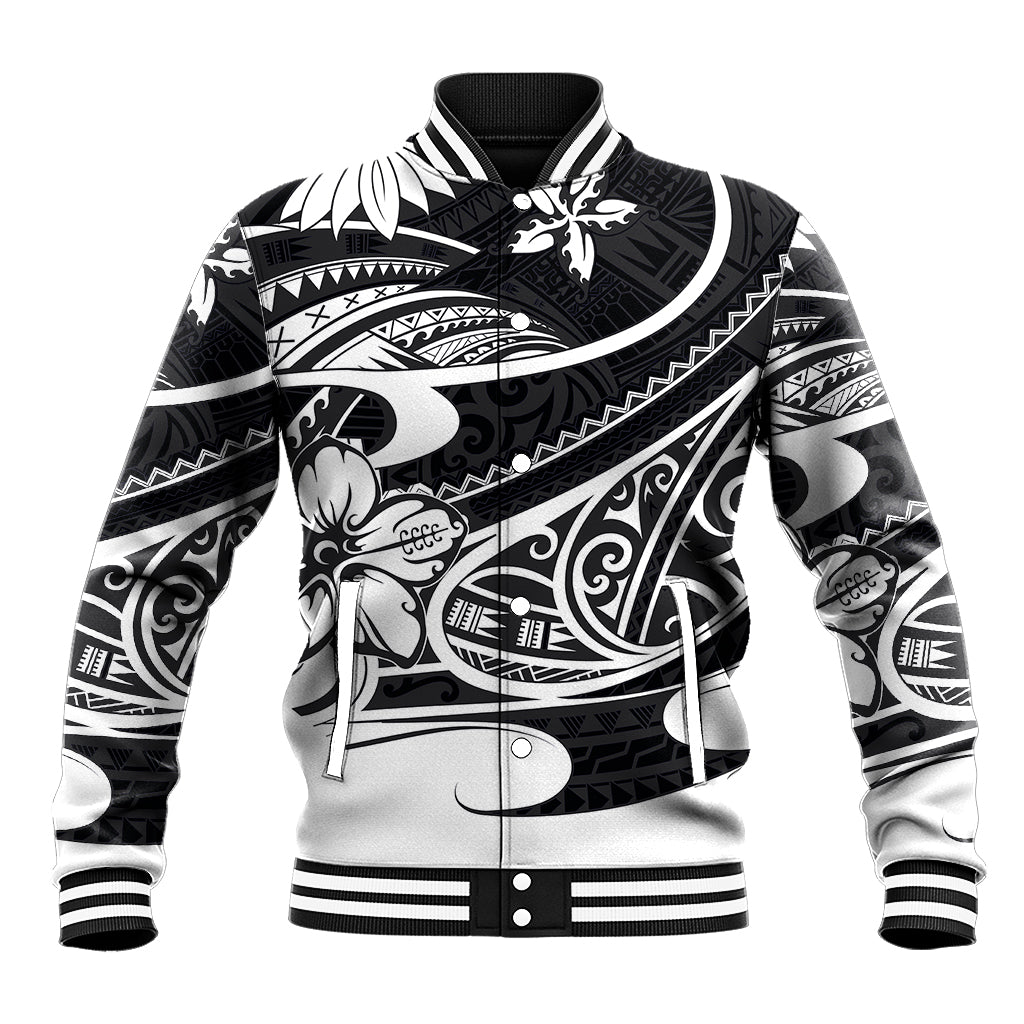 Unisex black tribal baseball jacket with white graphic print, striped ribbed cuffs and hem