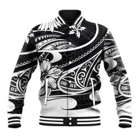 Unisex black tribal baseball jacket with white graphic print, striped ribbed cuffs and hem
