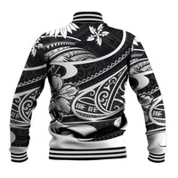 Unisex black tribal baseball jacket back with bold white pattern, striped ribbed collar and cuffs