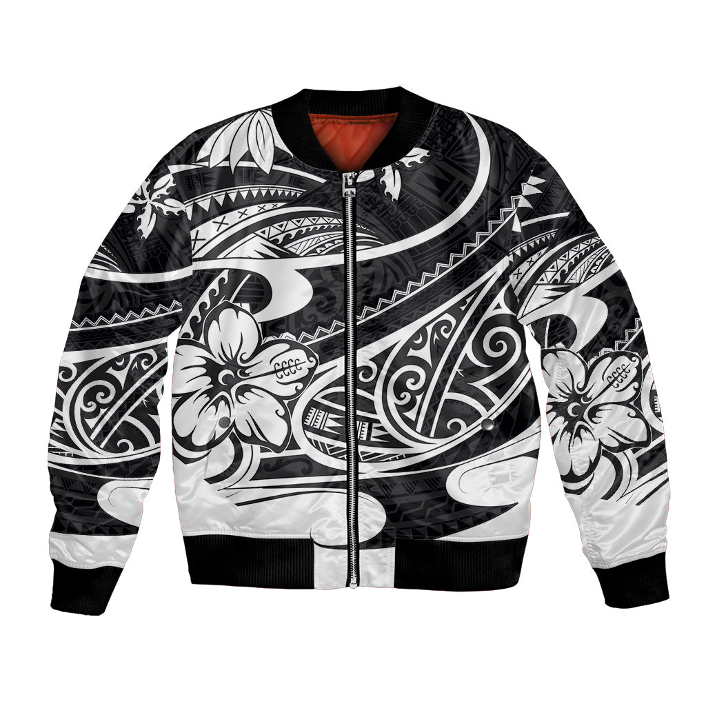 Black bomber jacket with Polynesian tribal print, full-zip front, ribbed cuffs and hem.