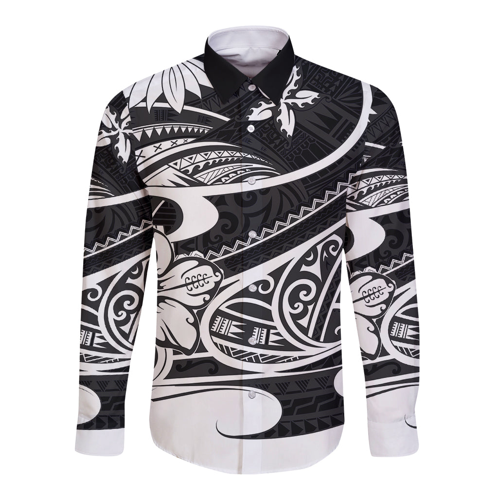 Black long-sleeve button shirt with Polynesian tribal print, point collar, front placket